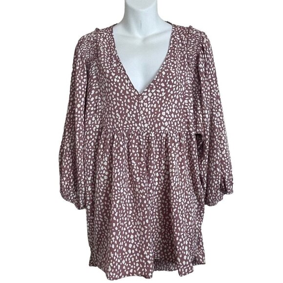 Umgee Mauve White Spots High Low‎ V-Neck Boho Tunic Longline Size L Top - Picture 1 of 9